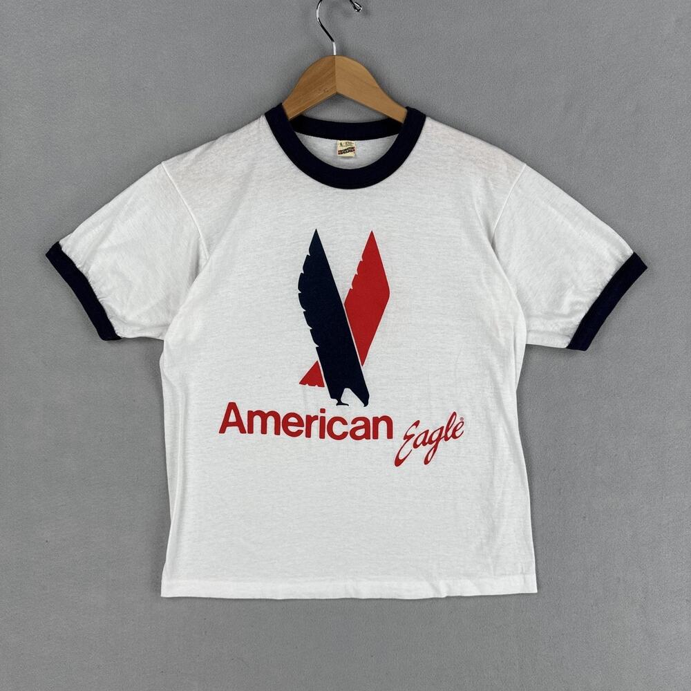 Vintage American Eagle Shirt Mens Large White Ringer Airline Screen Star USA 80s